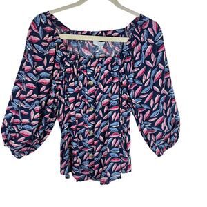 Luukse Navy Colorful Leaf Print‎ 3/4 Balloon Sleeve Square Neck Light Blouse M